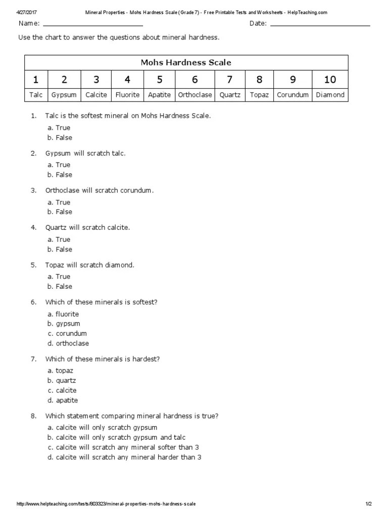 Mineral Properties Mohs Hardness Scale (Grade 7) Free Printable Tests and Worksheets
