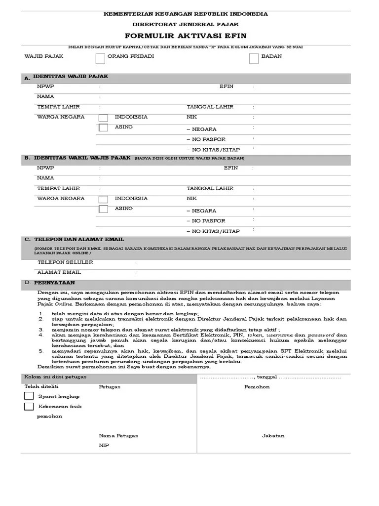 Contoh Pengisian Formulir Aktivasi Efin Badan