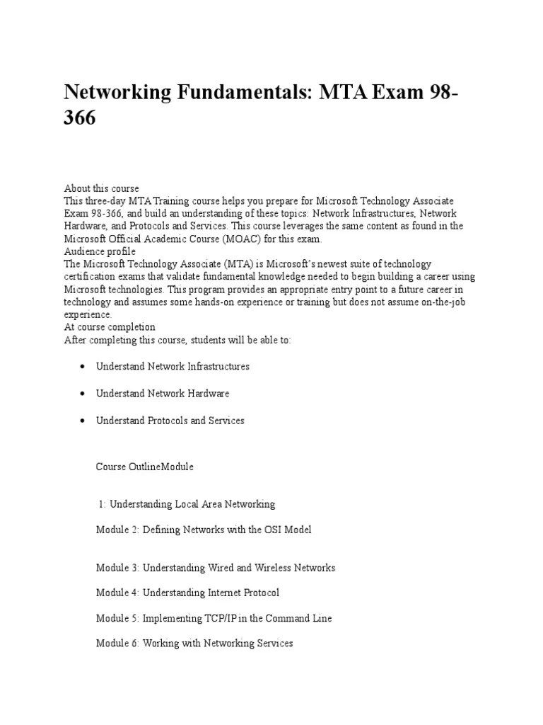 Networking Fundamentals MTA Exam 98366 PDF