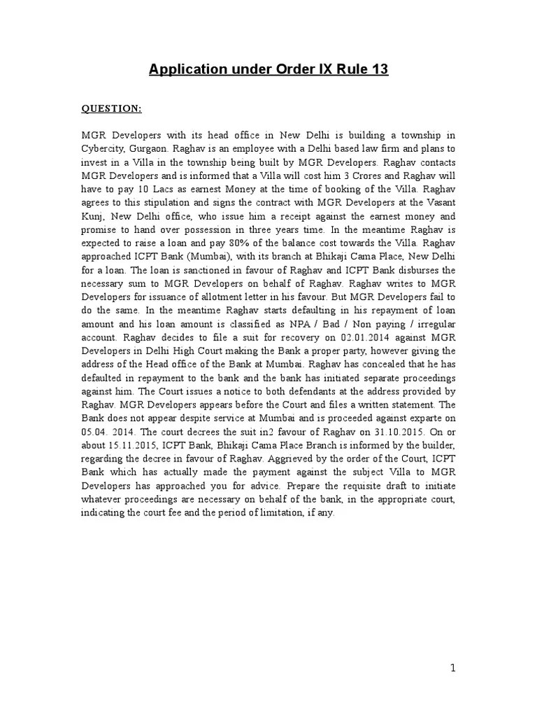 Application Under Order IX Rule 13 PDF Ex Parte Lawsuit