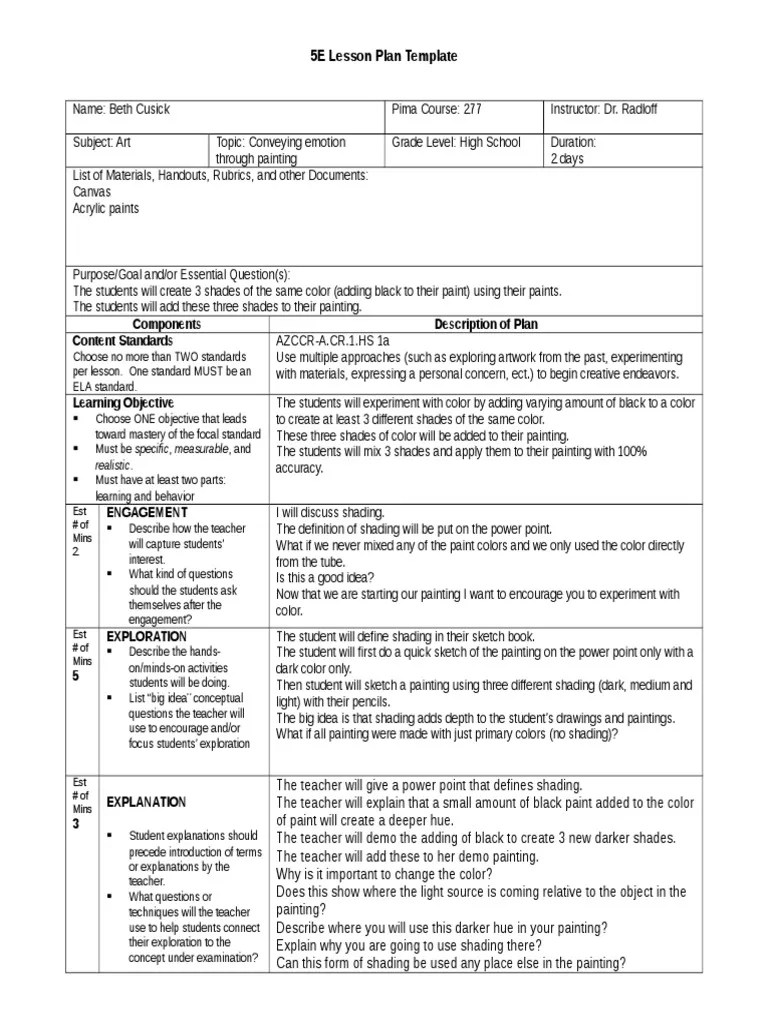 Lesson Plan 2 5eLessonPlanTemplate FinalM5a1 PDF Lesson Plan Paintings