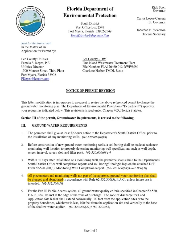 Modified Permit From FDEP To Lee County Utilities Detection Limit