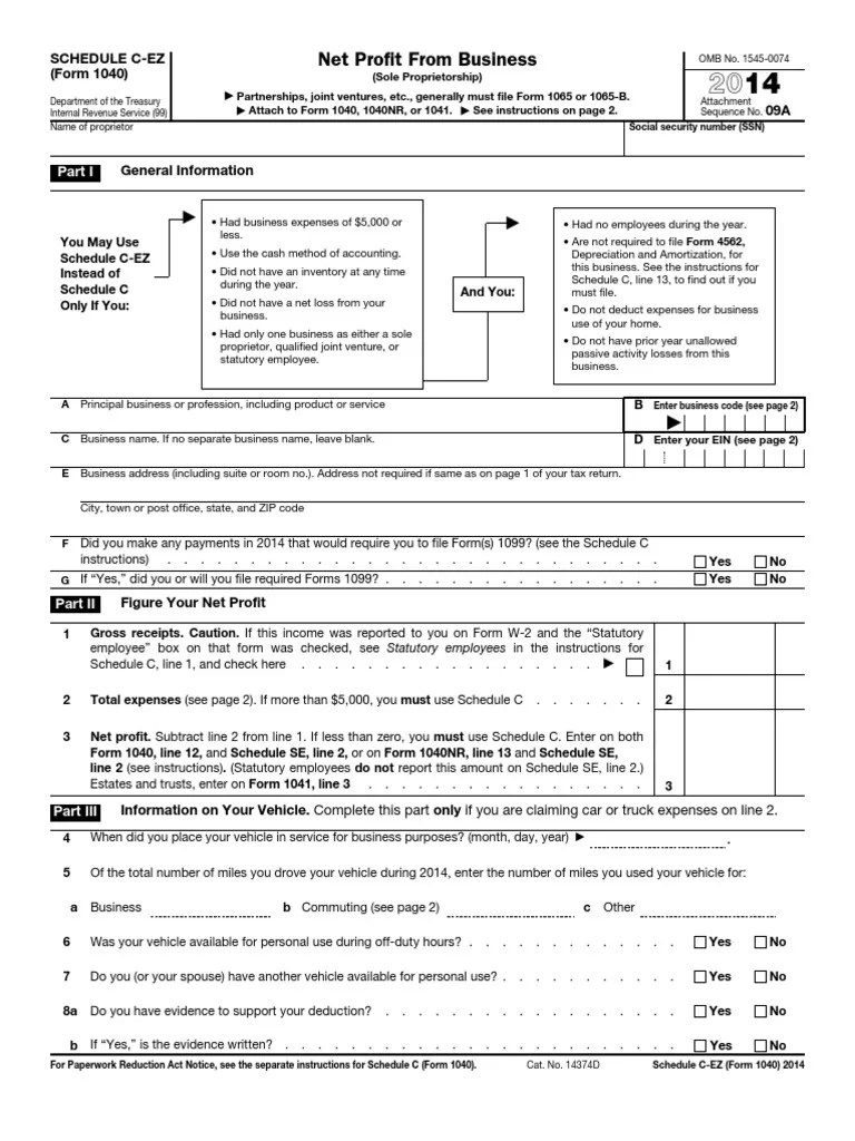 2014 Federal Form 1040 Schedule c Ez Net Profit for