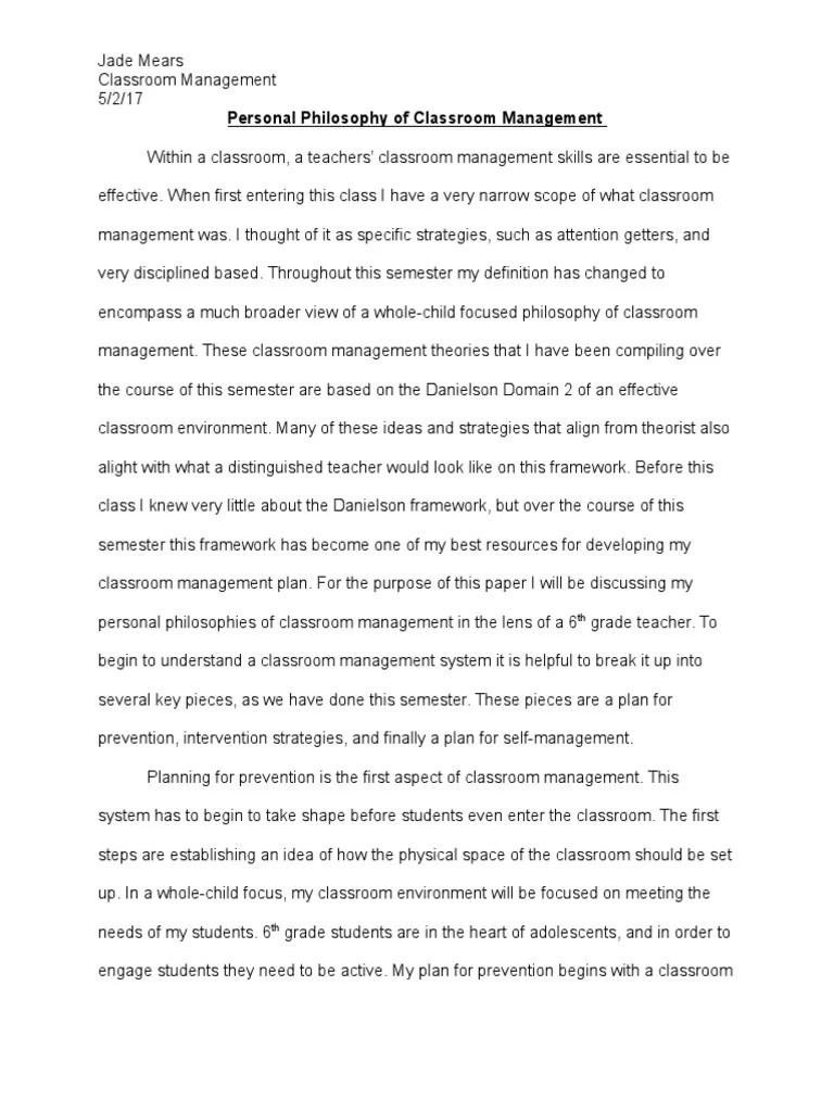 Personal Philosophy of Classroom Management PDF Classroom