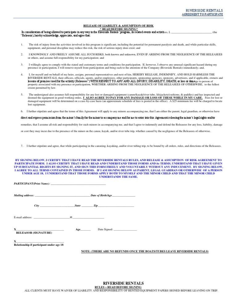 RELEASE OF LIABILITY & ASSUMPTION OF RISK Indemnity Legal Concepts