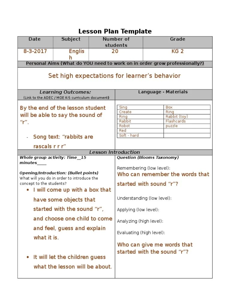 Set high expectations for learner’s behavior Lesson Plan