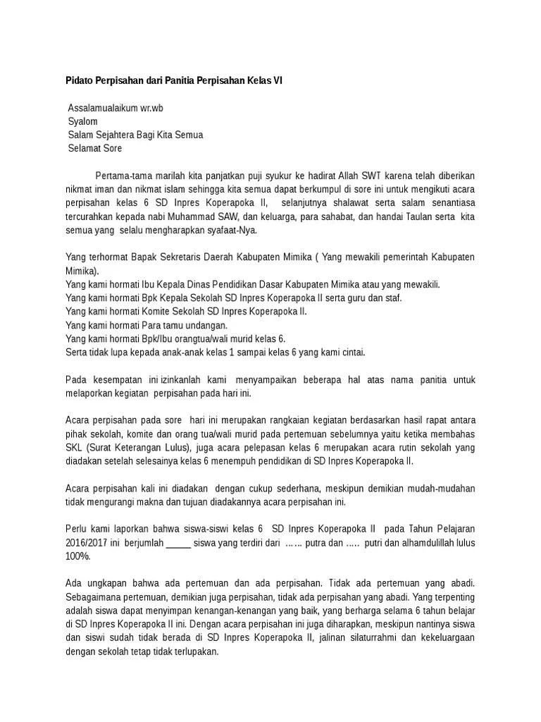 Pidato Perpisahan Dari Panitia Perpisahan Kelas VI | PDF