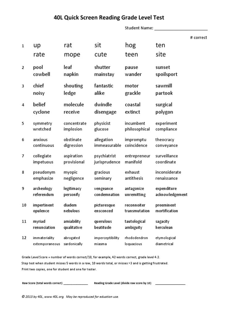 Reading Level Test Reading (Process) Educational Psychology