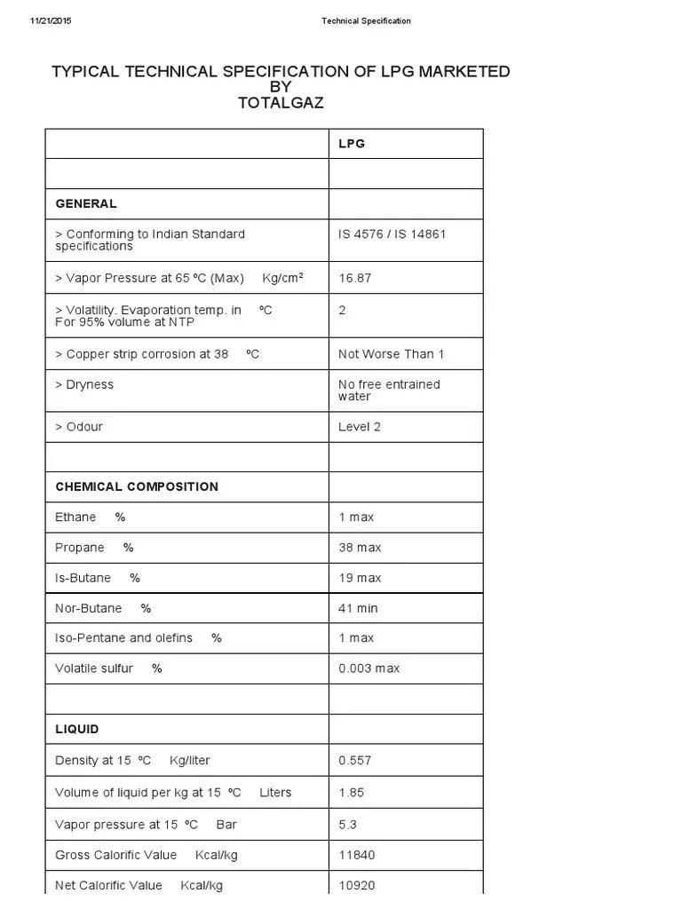 Technical Specification LPG Liquefied Petroleum Gas Propane