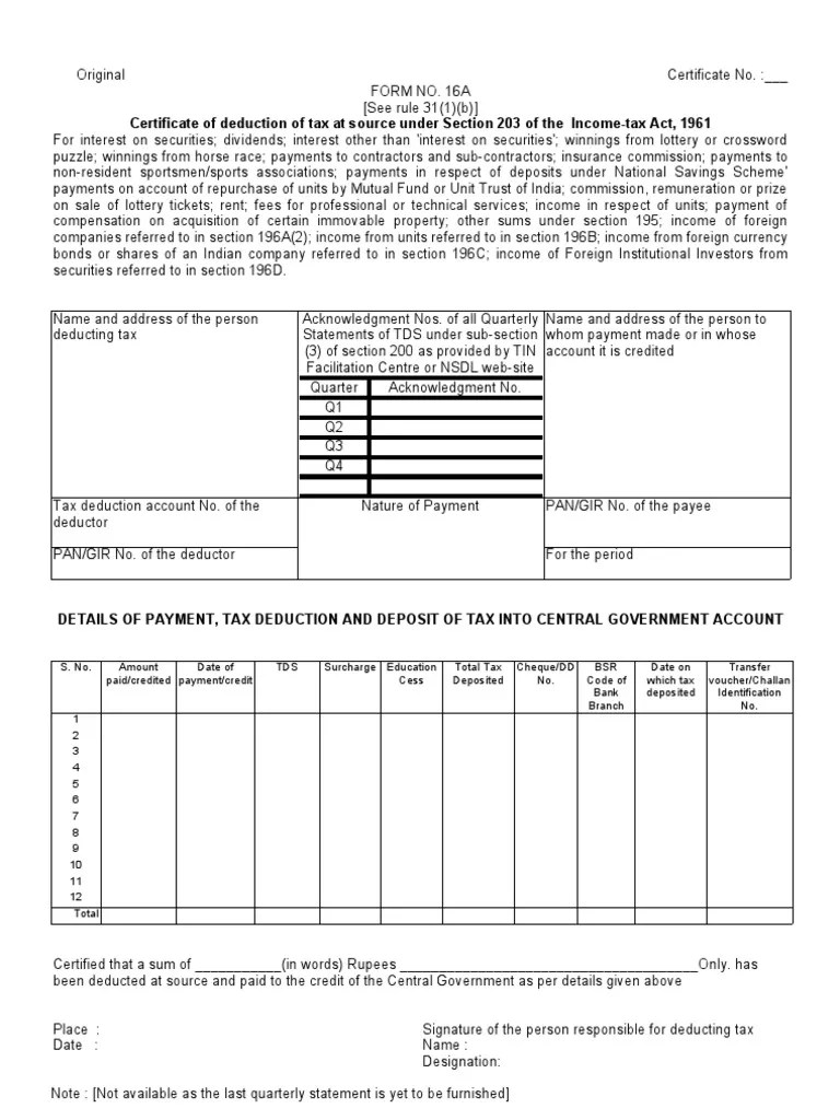 Form 16a TDS Blank 16a Payments Securities (Finance)