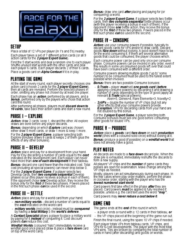 Race For The Galaxy - Rules Summary v1.0 | PDF | Consumer Goods