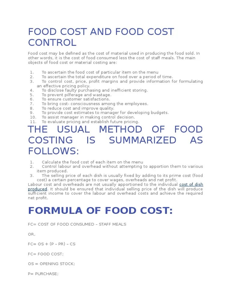 Food Cost Control PDF Profit (Accounting) Prices