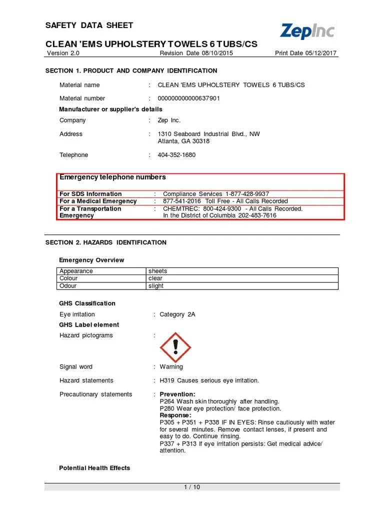 Zep Towels Ms Ds Dangerous Goods Toxicity