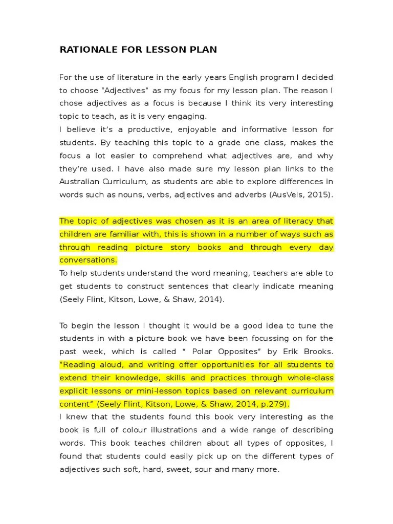 rationale for lesson plan Lesson Plan Adjective