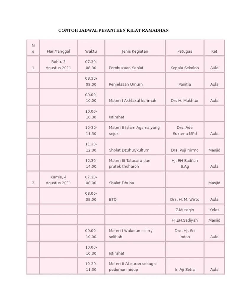 Contoh Jadwal Pesantren Kilat Ramadhan