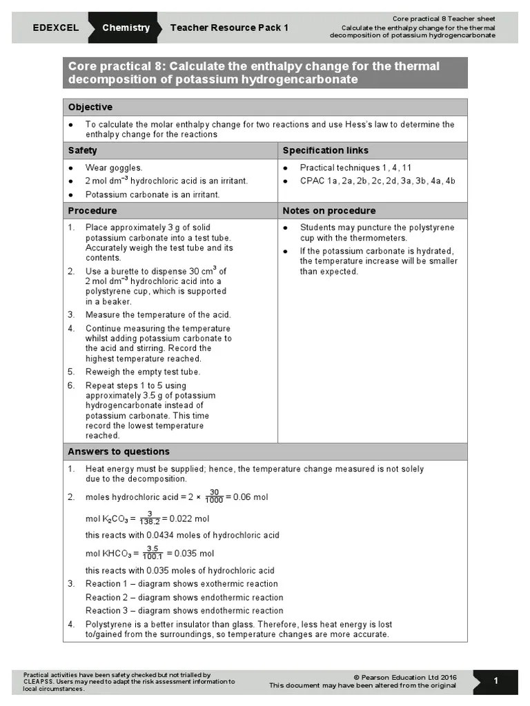 As and a Level Chemistry Core Practical 8 Hess Law (Student, Teacher