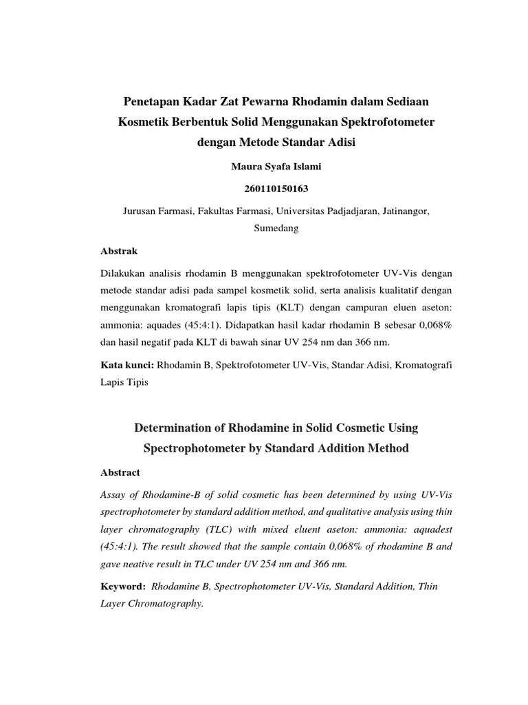 Analisis Rhodamin B Dengan Spektrofotometri UV-Vis Metode Standar Adisi |  PDF