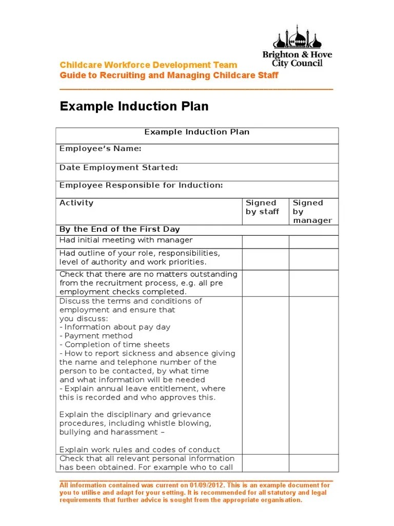 Example Induction Plan Child Care Relationships & Parenting