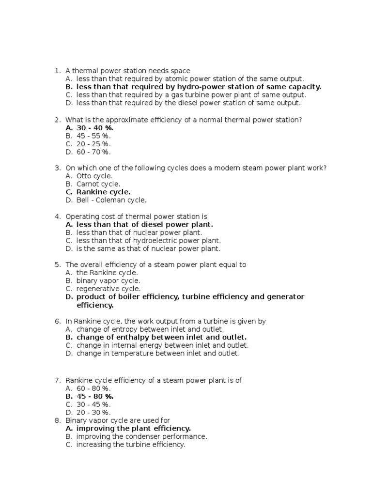 Electrical Thermal Power Generation MCQ's PDF Boiler Steam