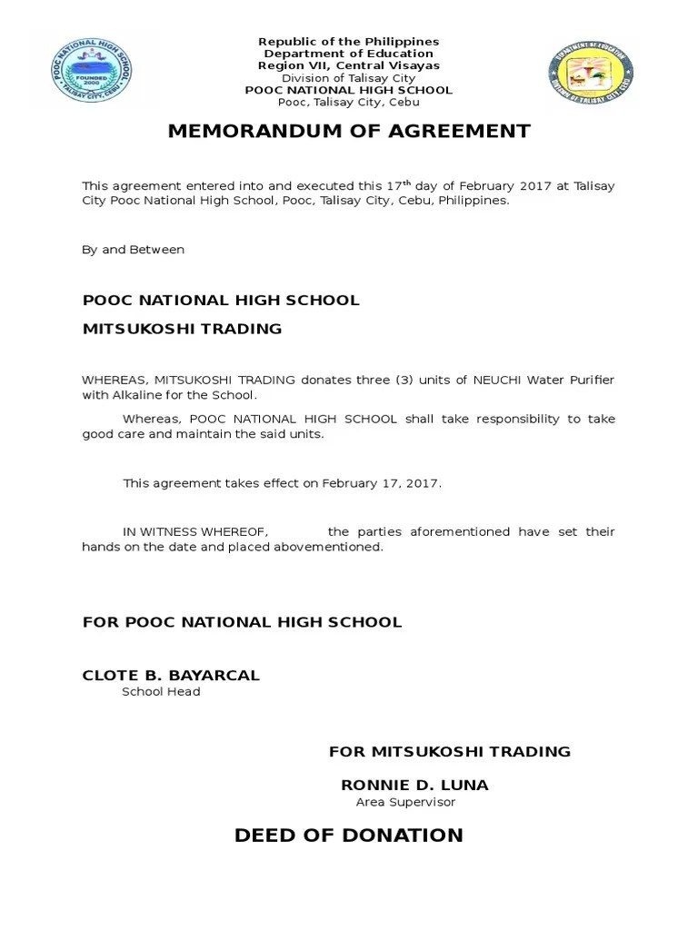 Memorandum of Agreement Deed of Donation PDF Private Law Property Law