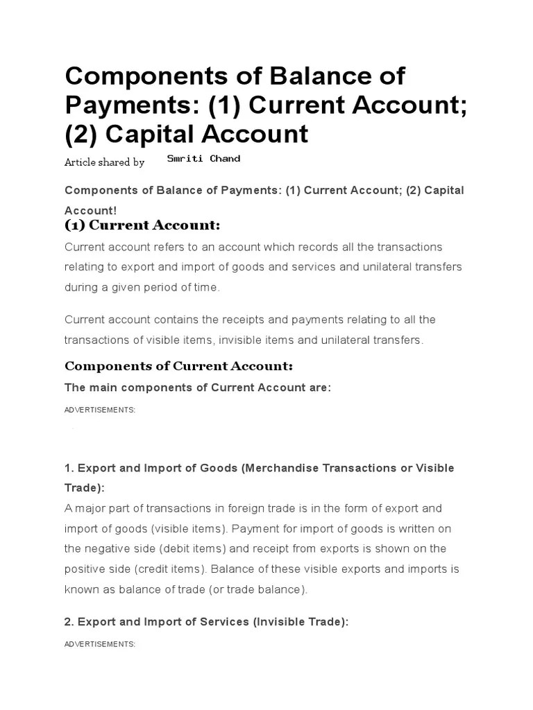 Components of Balance of Payments Current Account Debits And Credits