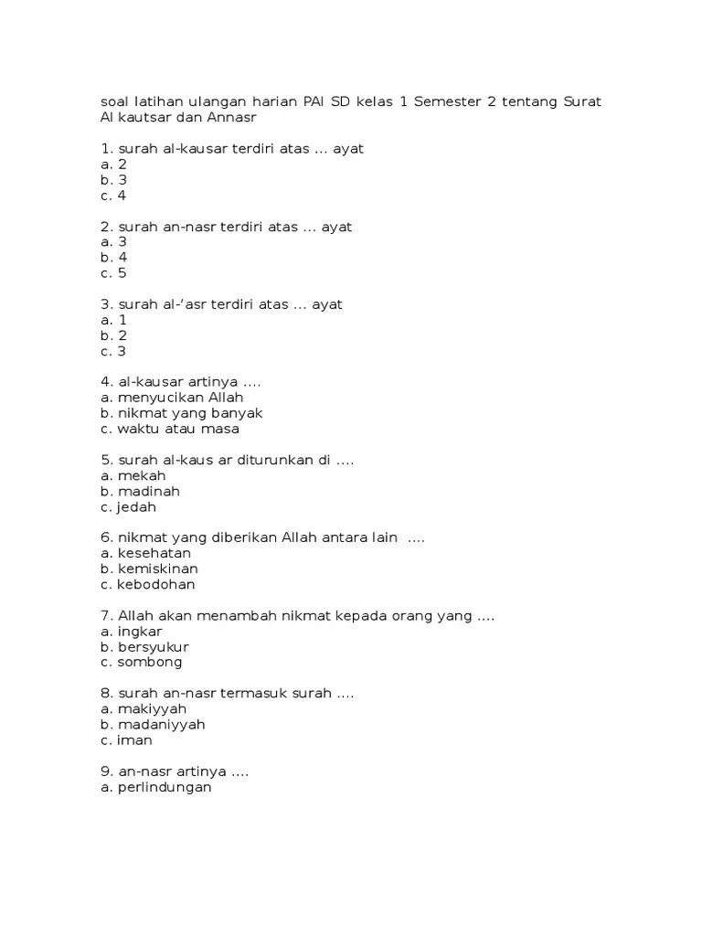 Soal Latihan Ulangan Harian PAI SD Kelas 1 Semester 2