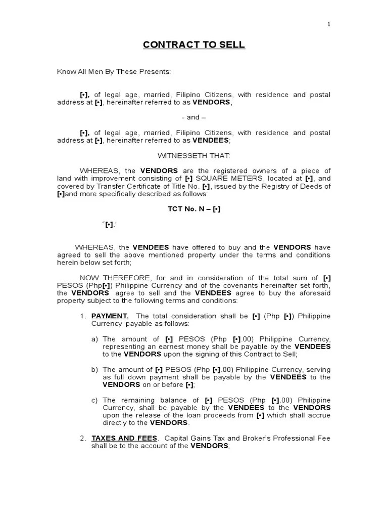 Sample Contract To Sell PDF Payments Down Payment