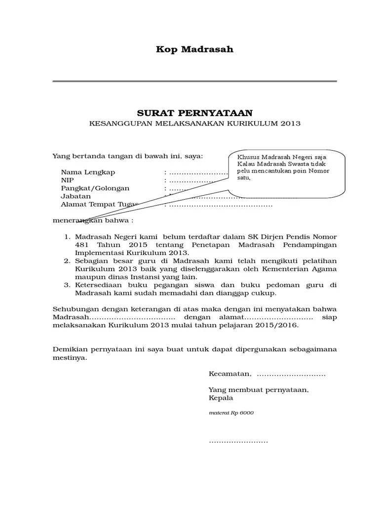 Contoh Surat Pernyataan Kesanggupan Melaksanakan Kurikulum Kumpulan