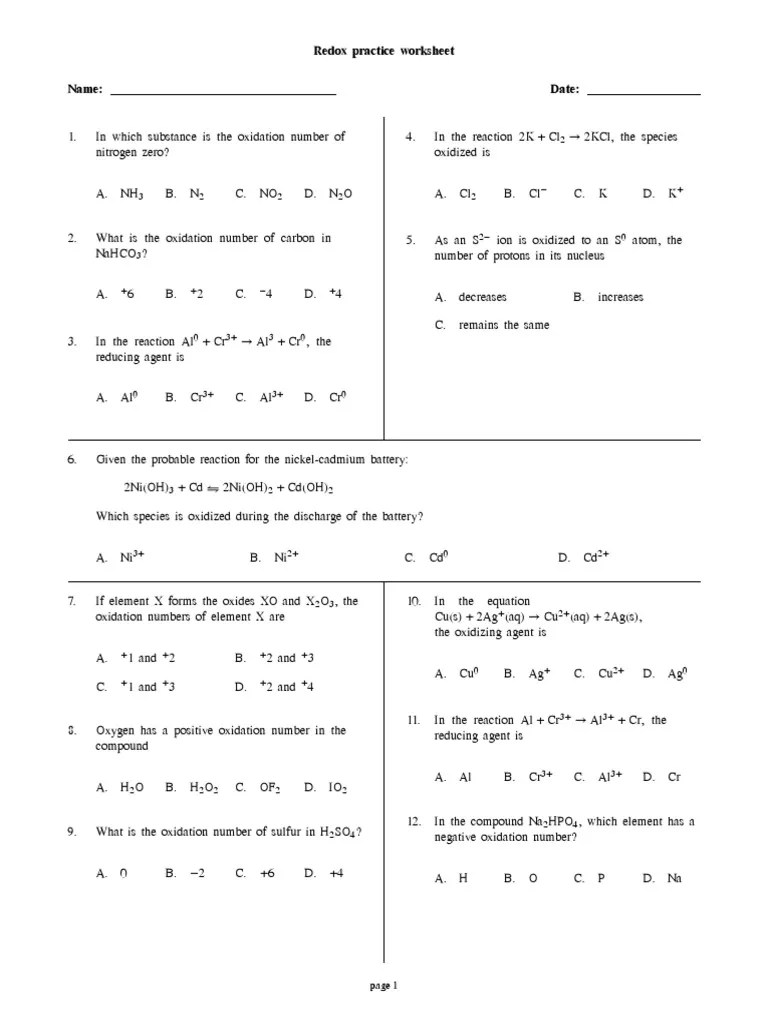 25 Redox Reactions Practice Worksheet With Answers Redox