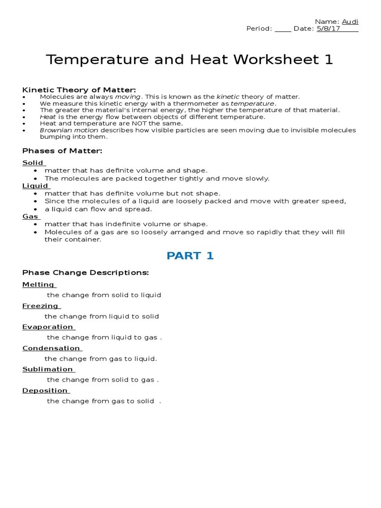 temp and heat worksheet 1 Latent Heat Phase (Matter)