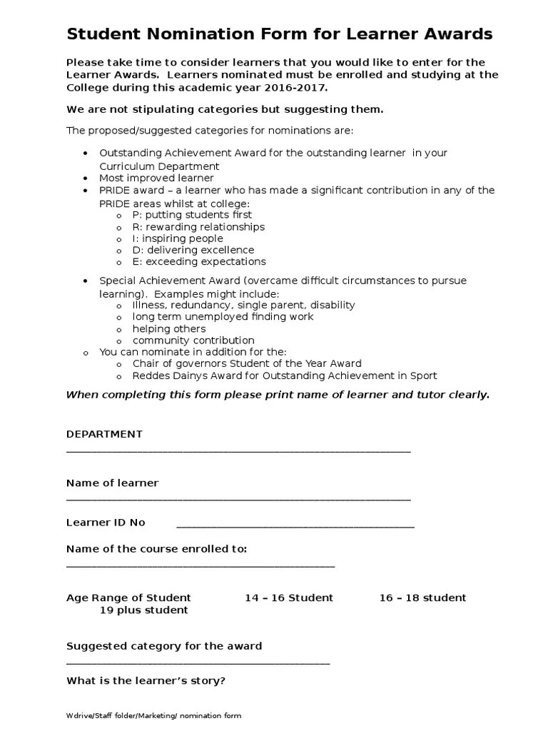 Student Nomination Form for Learner Awards When completing this form