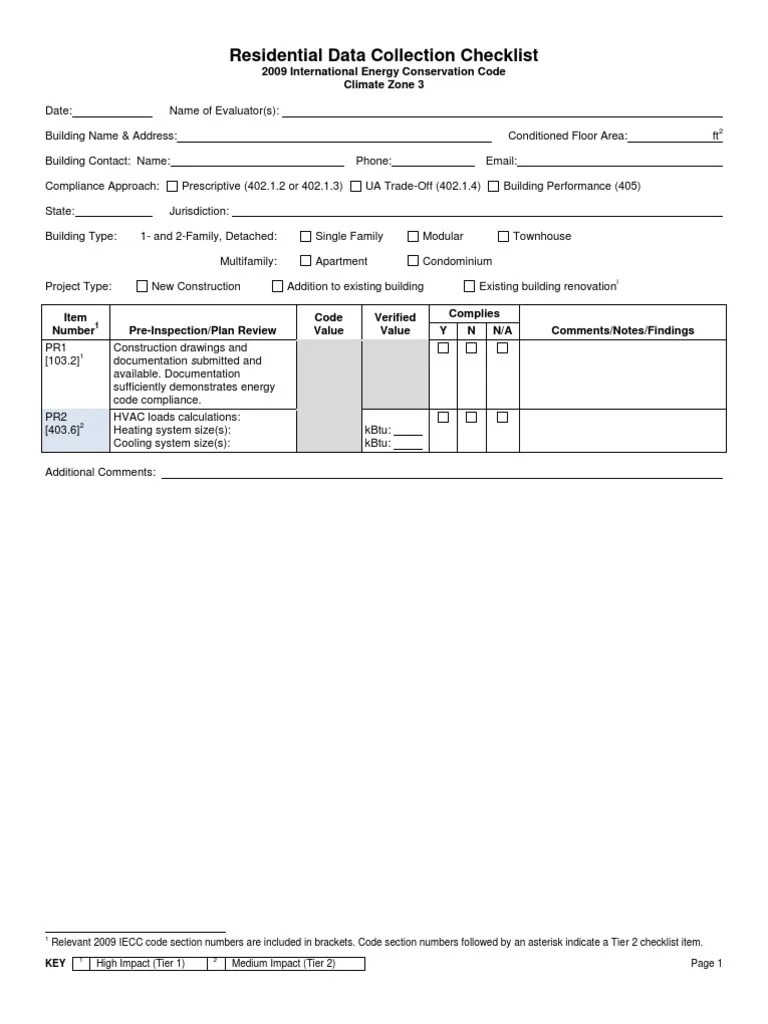Residential Data Collection Checklist Zone 3 Building Insulation