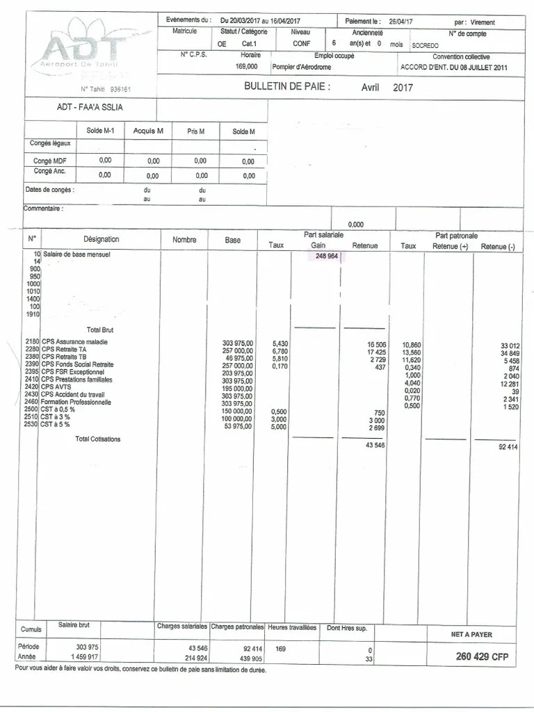Fiche de Paie de 3 Pompiers de l'ADT