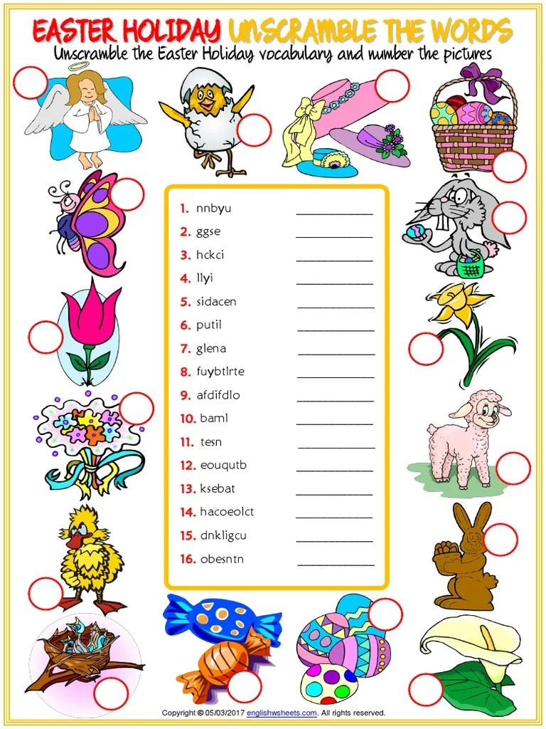 Easter Holiday Vocabulary Esl Unscramble the Words Worksheets for Kids