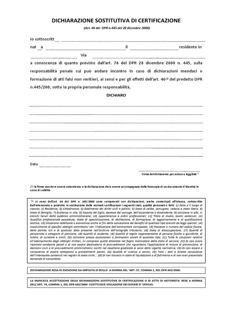 Dichiarazione Sostitutiva Di Autocertificazione (Art. 46 DPR 4452000) PDF