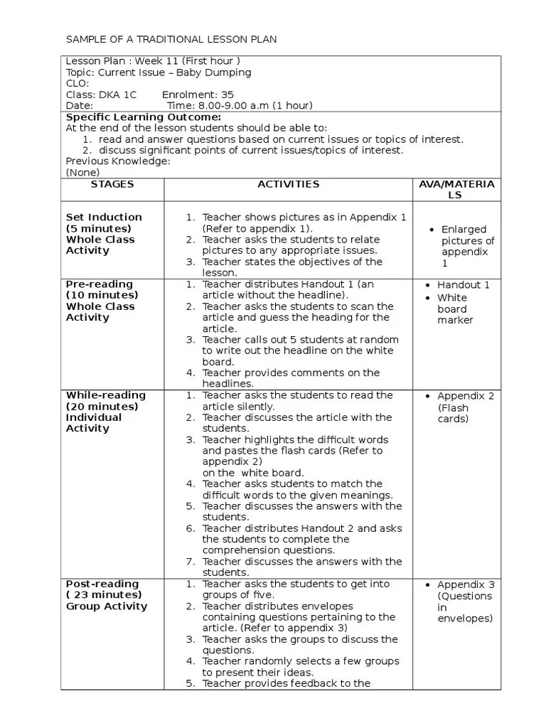 5 Sample of a Traditional Lesson Plan Murder Lesson Plan