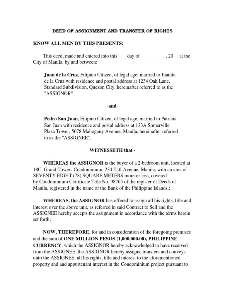 Deed of Assignment and Transfer of Rights PDF Assignment (Law