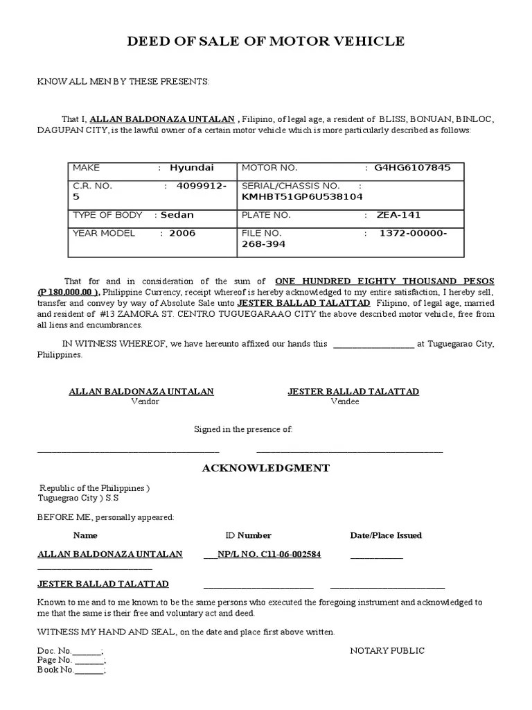 Deed of Sale Blank Motor Vehicle Automobiles