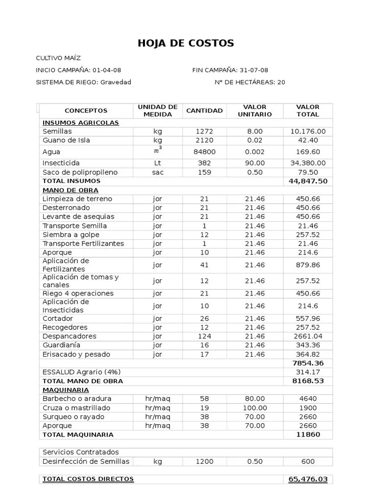 Ejemplo de Hoja de costos