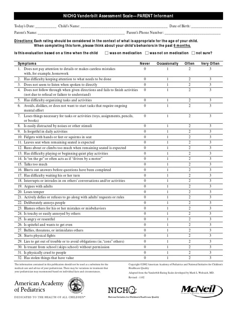 Vanderbilt parent questionnaire Attention Deficit Hyperactivity