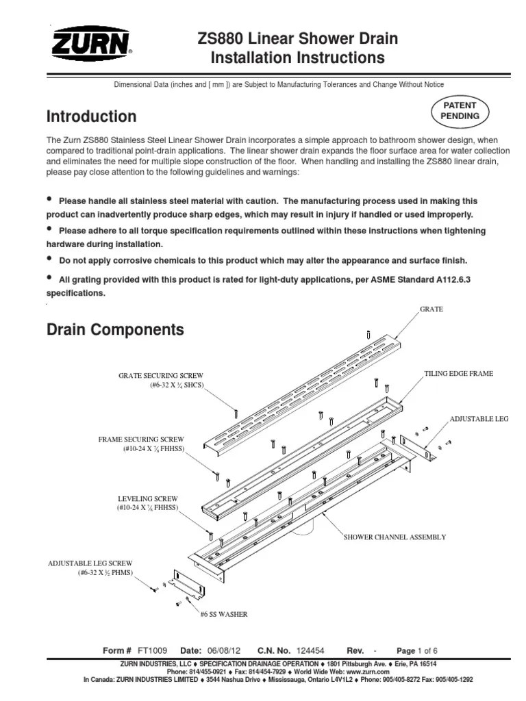 ZS880 Linear Shower Drain Installation Instructions PDF Screw