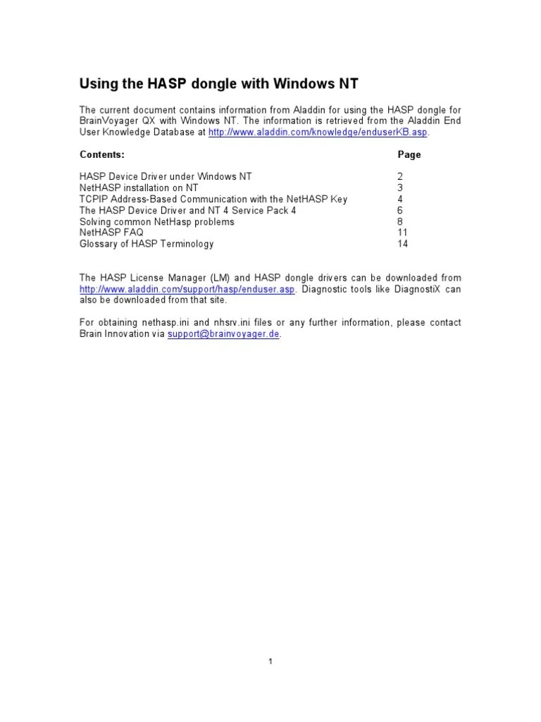 Using The HASP Dongle With Windows NT Contents PDF Microsoft