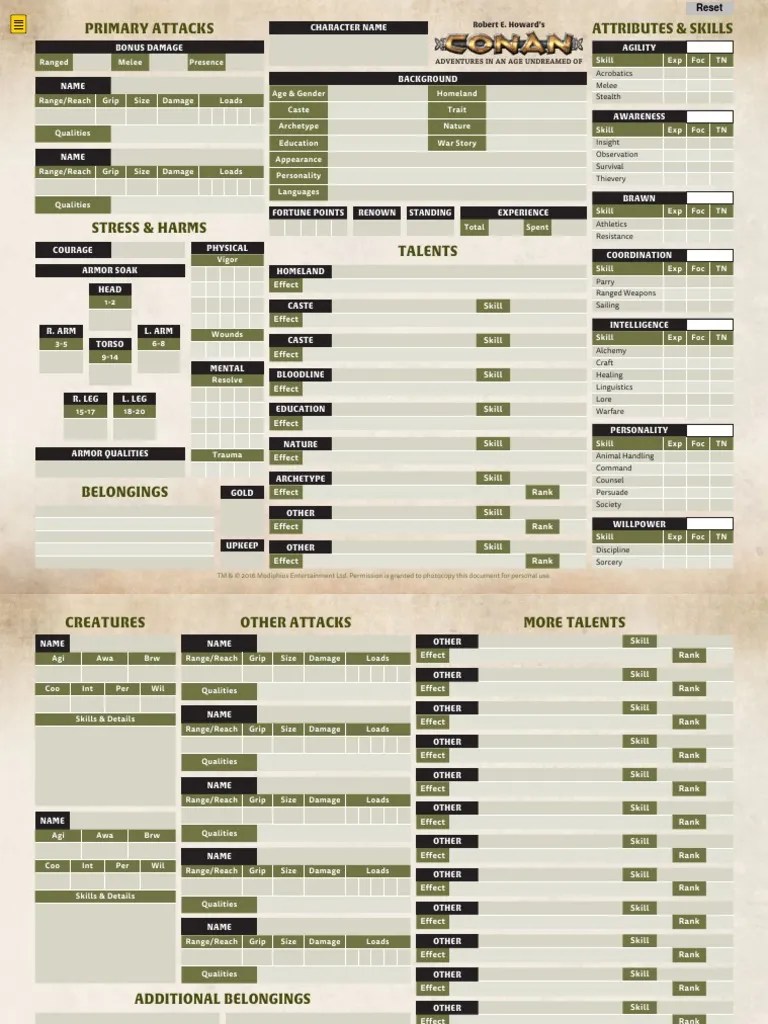 Conan Character Sheet Basic v1 PDF Leisure