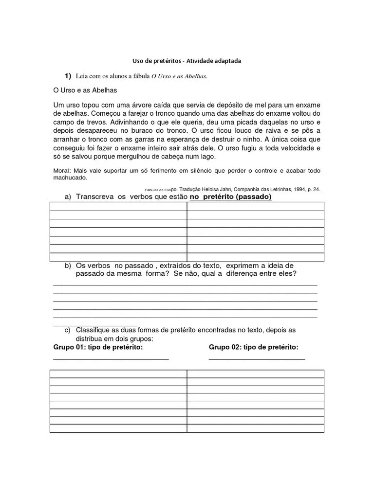 Uso de Pretéritos exercícios Tempo Gramatical Idiomas