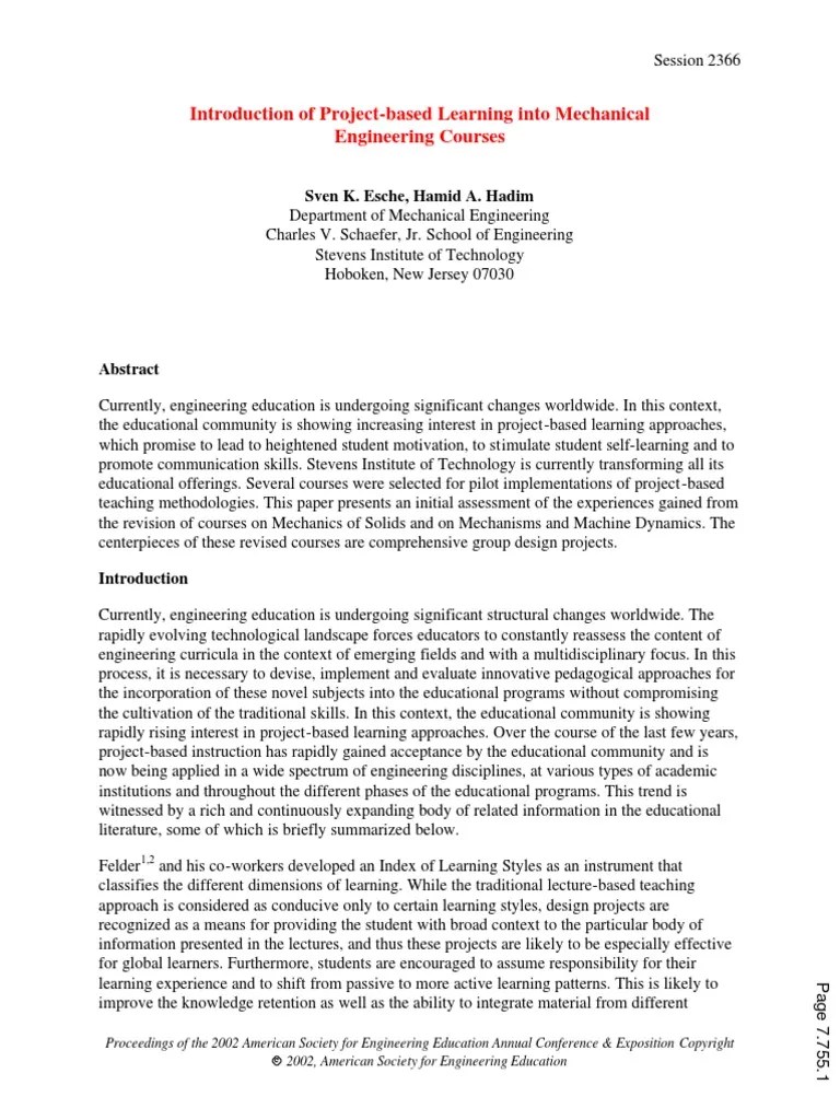 Introduction of Project Based Learning Into Mechanical Engineering