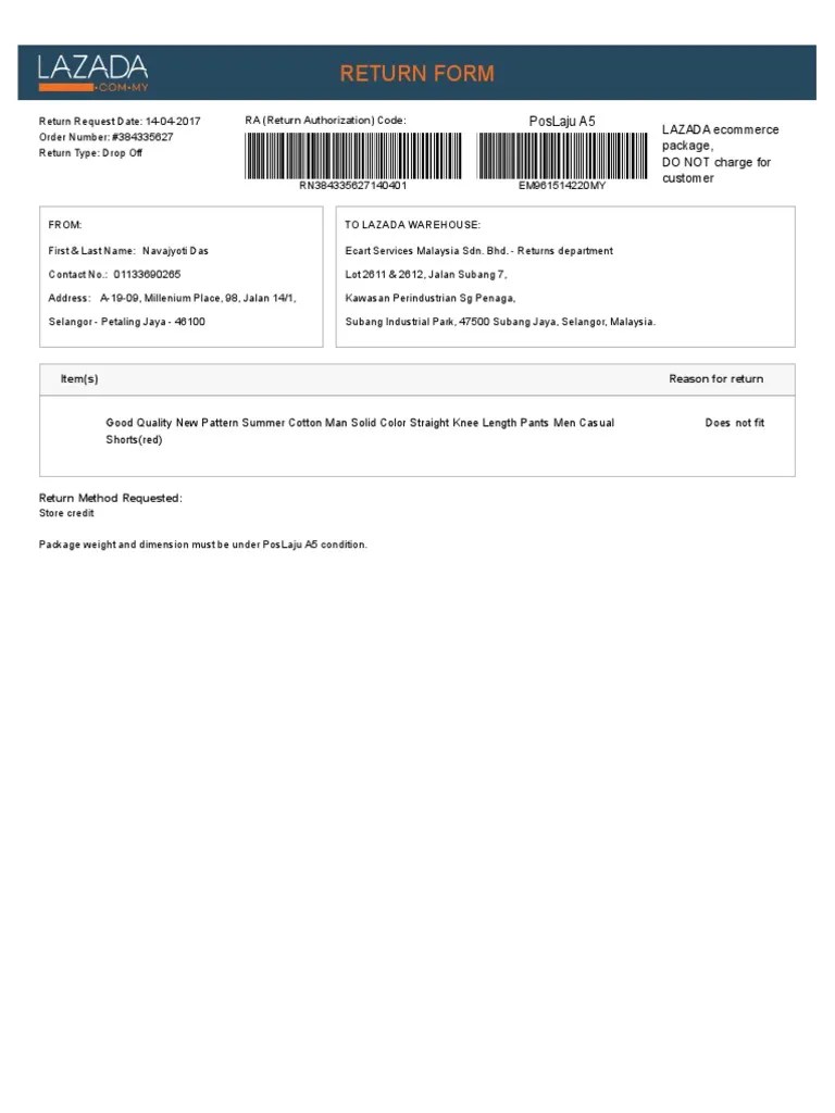 Lazada Return Form