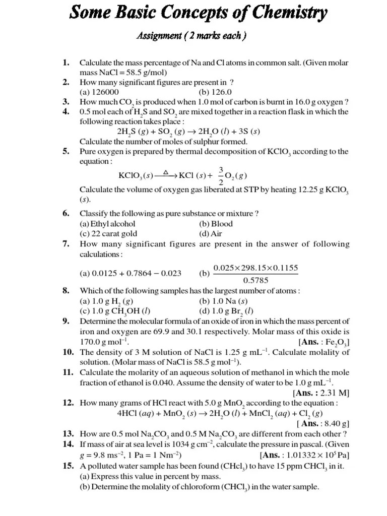 11 Chemistry Chapter 1 Assignment 1 Mole (Unit) Physical Chemistry