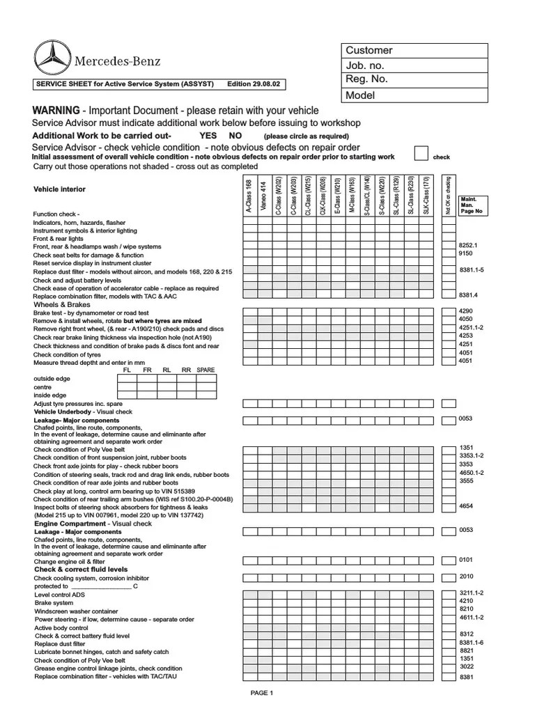 Mercedes Service B Sheet Checklist Headlamp Steering