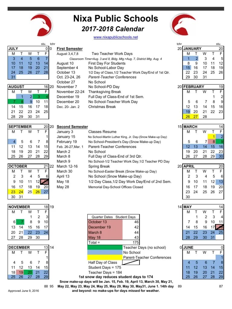 Nixa Public Schools 20172018 Calendar PDF Public Services Schools