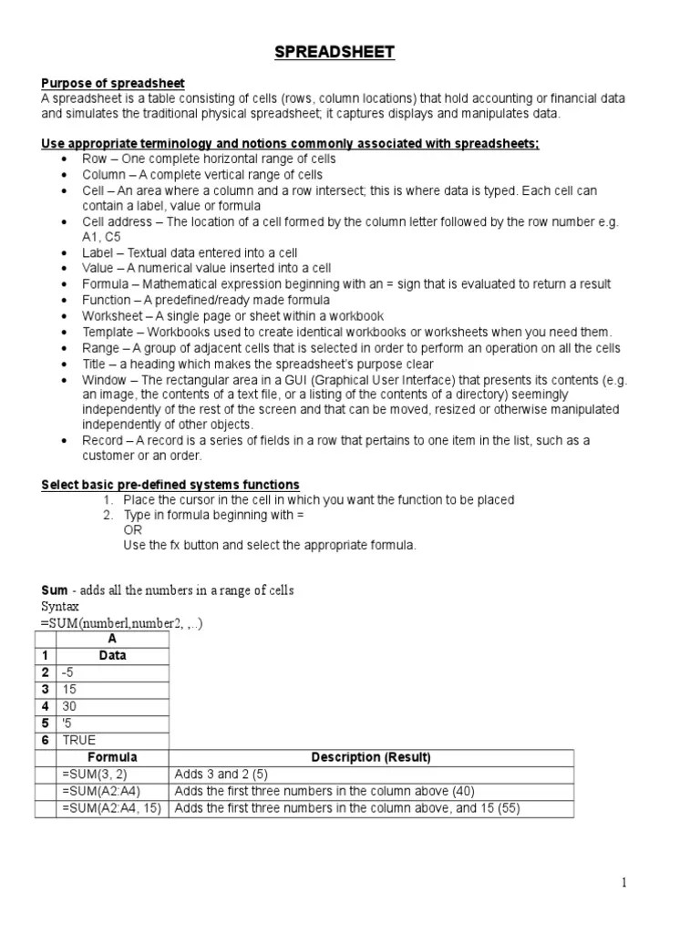 Purpose of Spreadsheet PDF Spreadsheet System Software